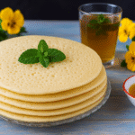 Stack of Moroccan Baghrir pancakes garnished with mint, served with honey and mint tea.