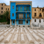 Colorful buildings behind the historic Fez Jewish Cemetery with rows of white stone tombs in the foreground.