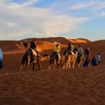 Camel Trekking - A line of camels with people riding them treks across the vast, undulating sand dunes of the Sahara Desert under a partly cloudy sky at sunset. A person in a blue robe walks in the foreground, facing away from the viewer.